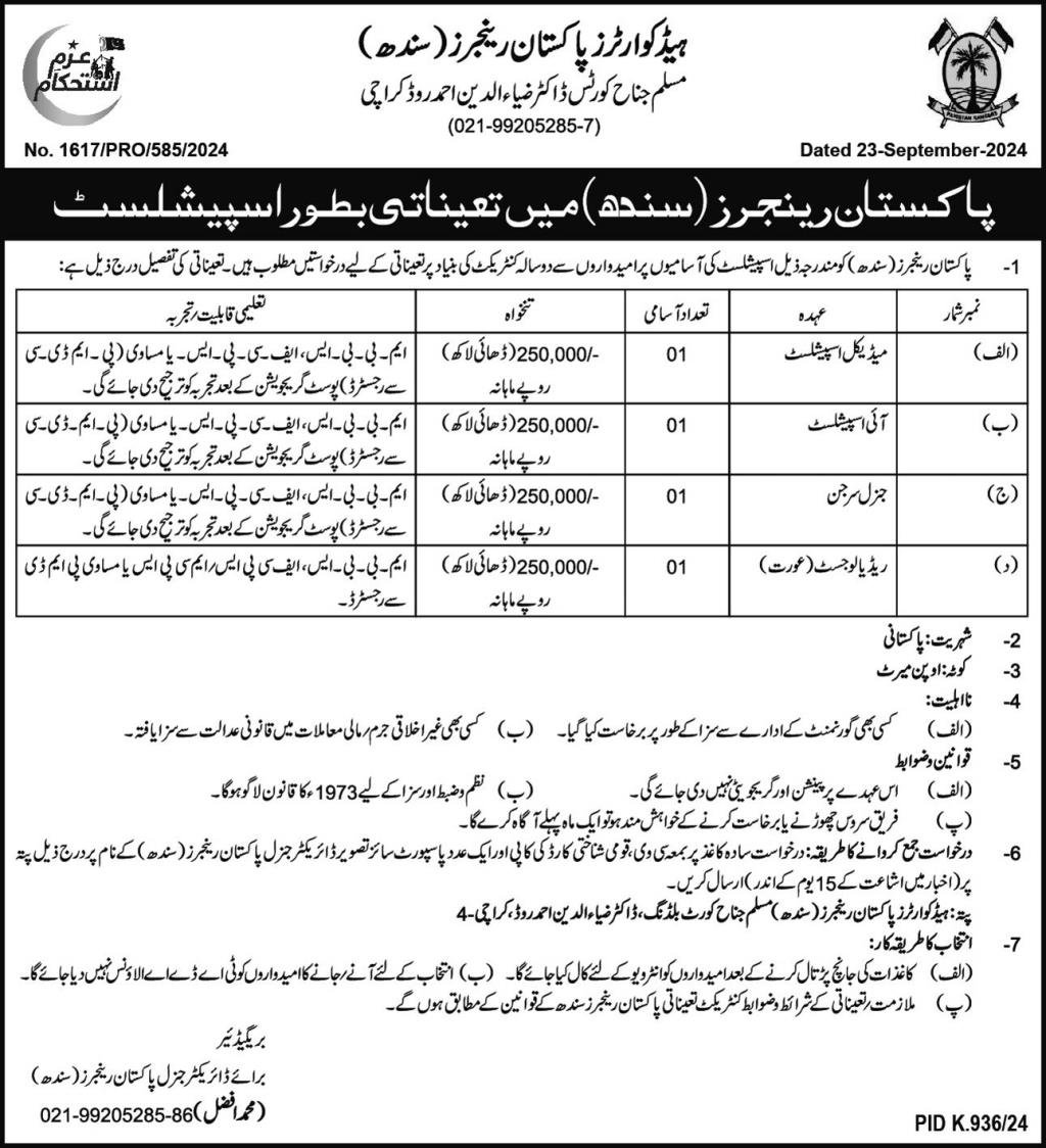 Headquarters Pakistan Rangers Sindh Jobs 2024 – Sindh Rangers Jobs 2024 — original advertisement