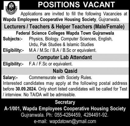 Federal Science Colleges Wapda Town Gujranwala Jobs 2024 – Water and Power Development Authority Jobs 2024 — original advertisement