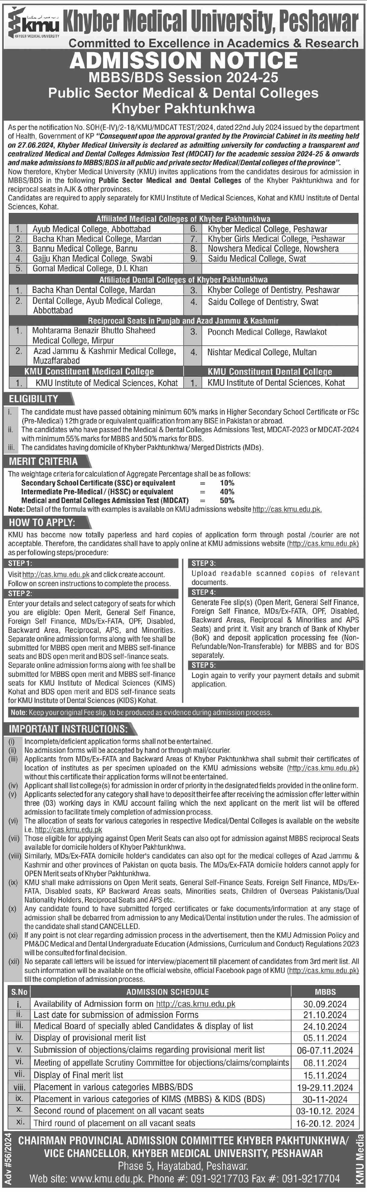 Admission Open in Khyber Medical University – Khyber Medical University Peshawar Admissions 2024 — original advertisement