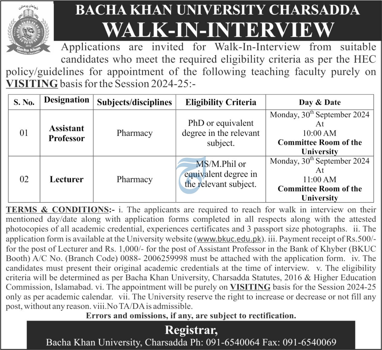 Bacha Khan University Charsadda Jobs 2024 – Bacha Khan University Charsada Jobs 2024 — original advertisement