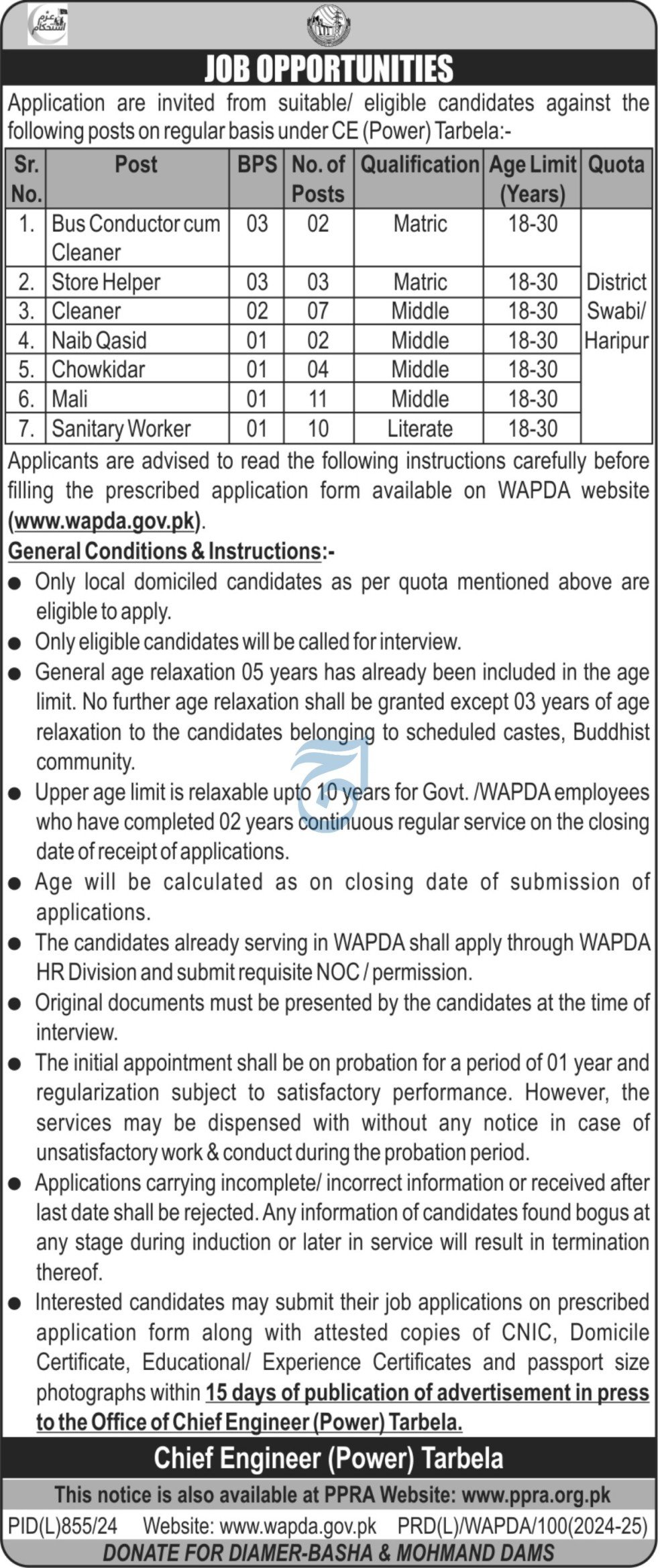 Water and Power Development Authority WAPDA Tarbela Jobs Jobs 2024 — original advertisement