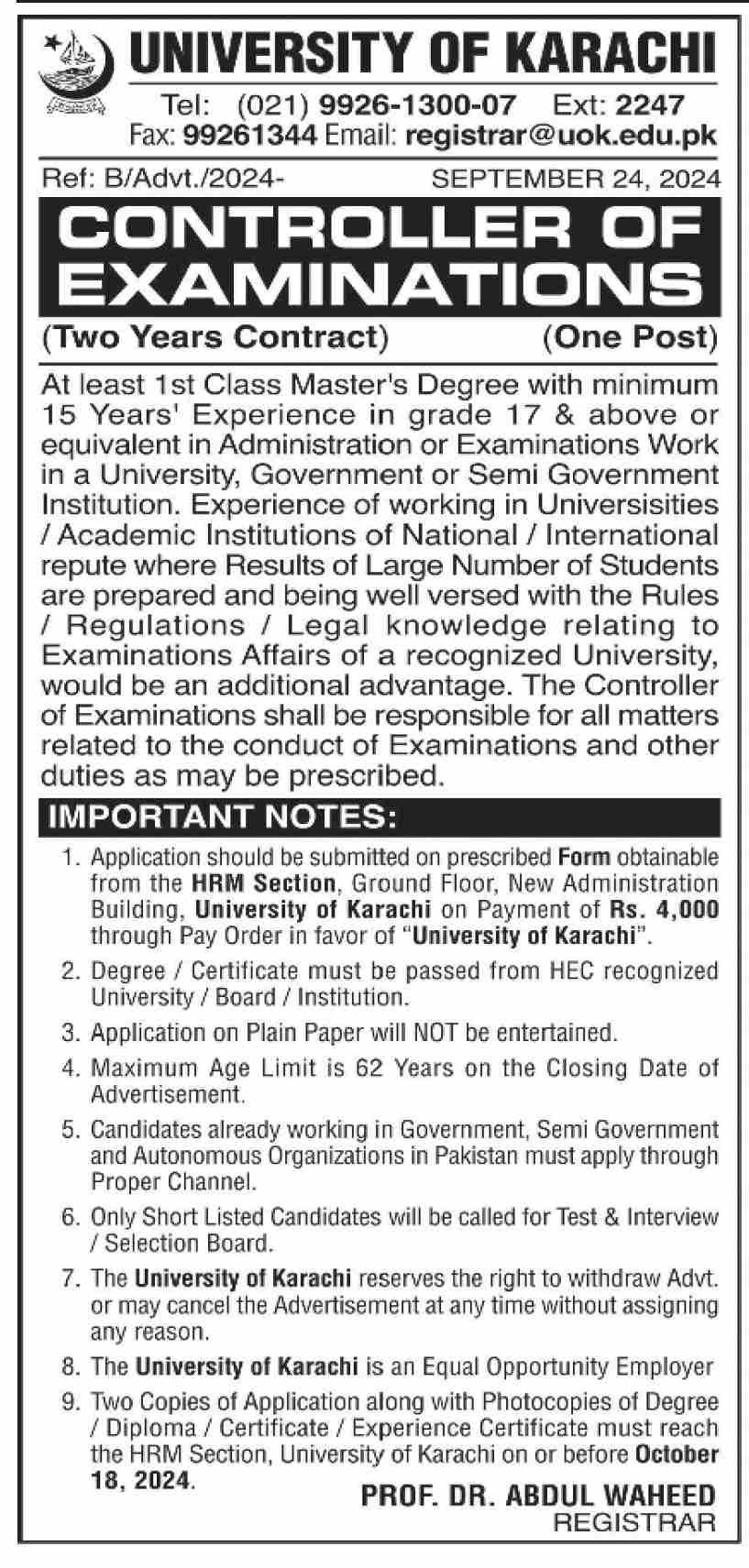 University Of Karachi UOK Jobs 2024 Jobs 2024 — original advertisement