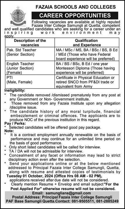 Fazaia Inter College Quetta Jobs 2024 – Fazaia Schools & Colleges Jobs 2024 — original advertisement