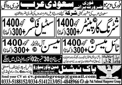 Tile Mason & Mason Jobs 2024 In Saudi Arabia – Pak National Manpower Bureau Jobs 2024 — original advertisement