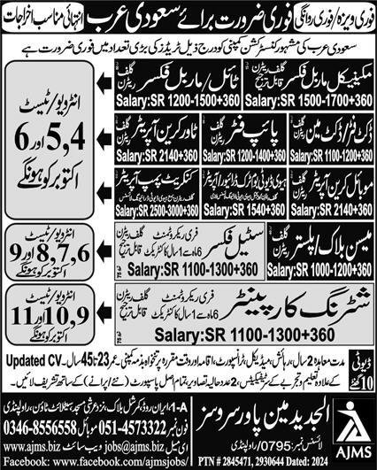 Tower Crane Operator & Concrete Pump Operator Jobs 2024 – Al Jadeed Man Power Service Jobs 2024 — original advertisement