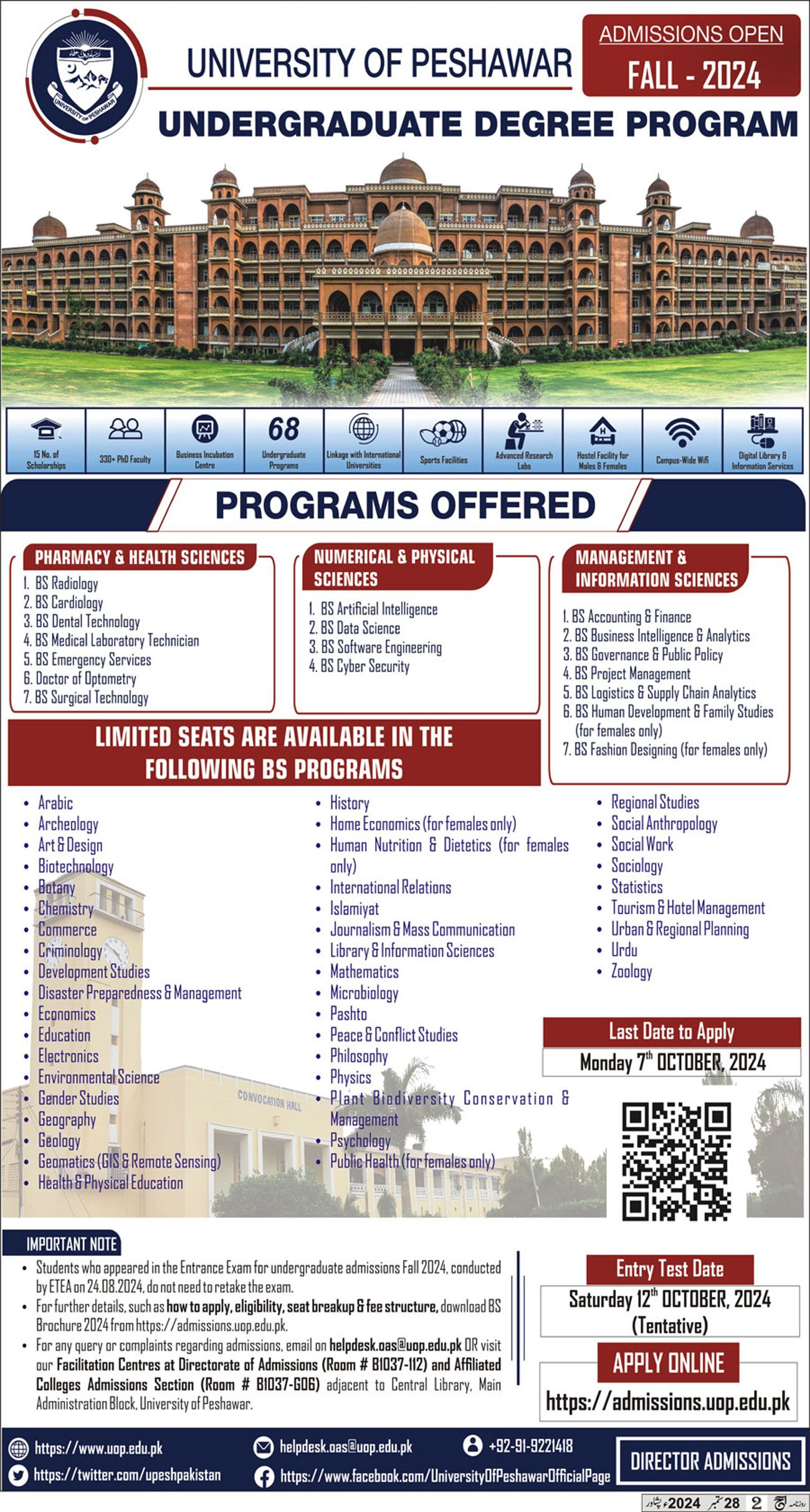 Admission Open in University of Peshawar 2024 Admissions 2024 — original advertisement
