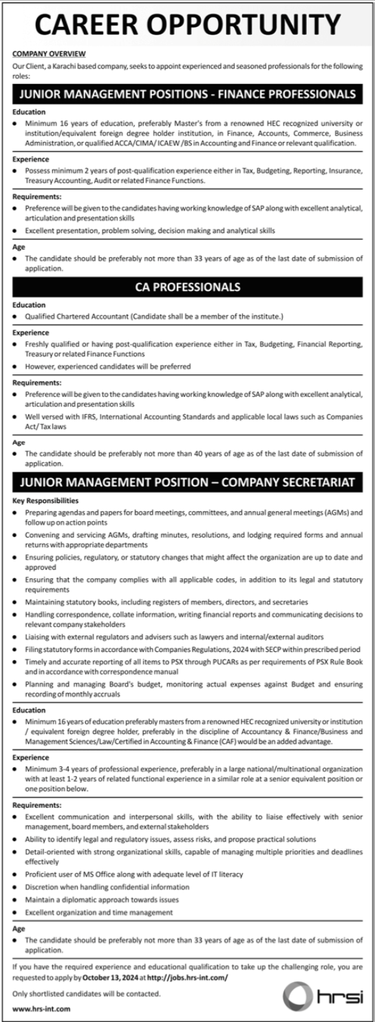Human Resource Solution International HRSI Human Karachi Job – HRSG People and Business karachi Jobs 2024 — original advertisement