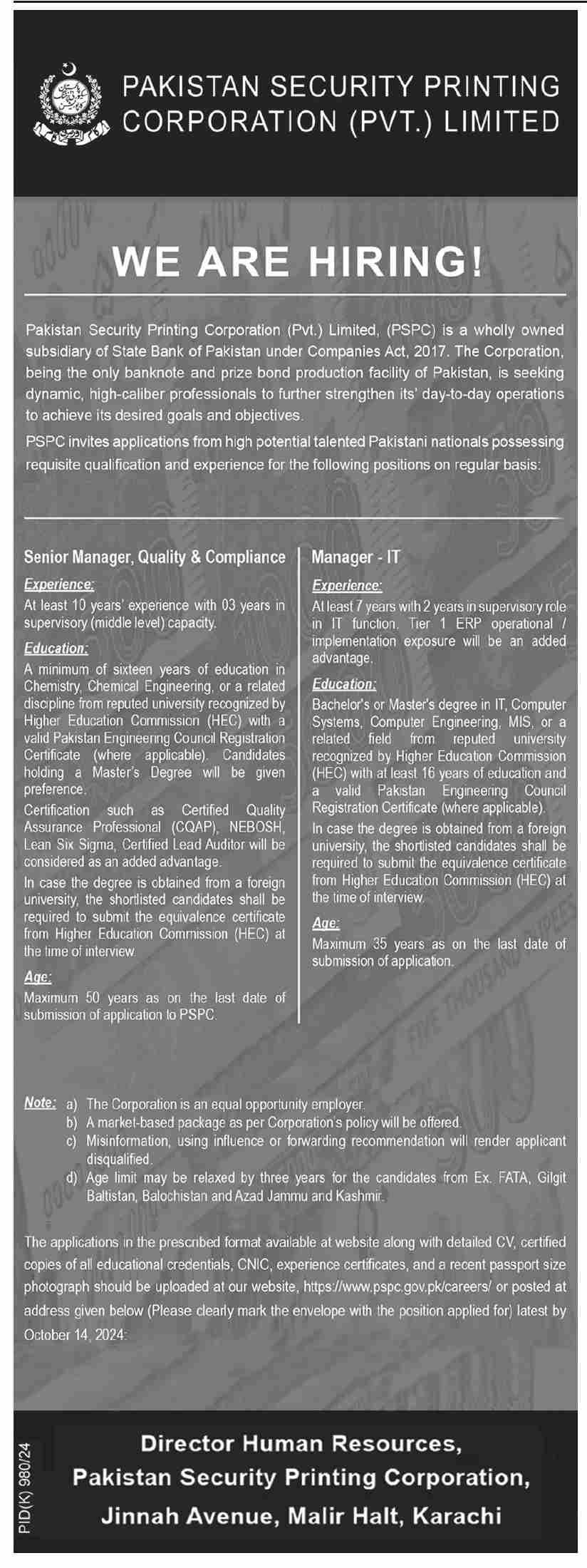 Pakistan Security Printing Corporation Jobs 2024 – Private Company Jobs 2024 — original advertisement