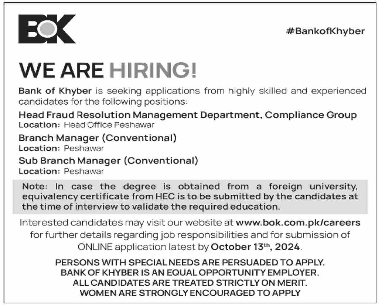 The Bank of Khyber BOK Peshawar Jobs 2024 Jobs 2024 — original advertisement