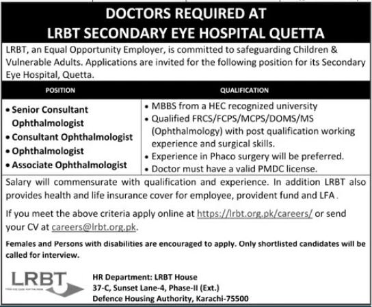 LRBT Secondary Eye Hospital Quetta Jobs 2024 – LRBT Tertiary Eye Teaching  Hospital Jobs 2024 — original advertisement