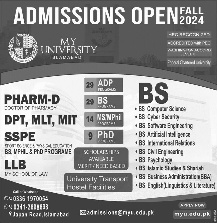 Admission Open in My University Islamabad 2024 Admissions 2024 — original advertisement