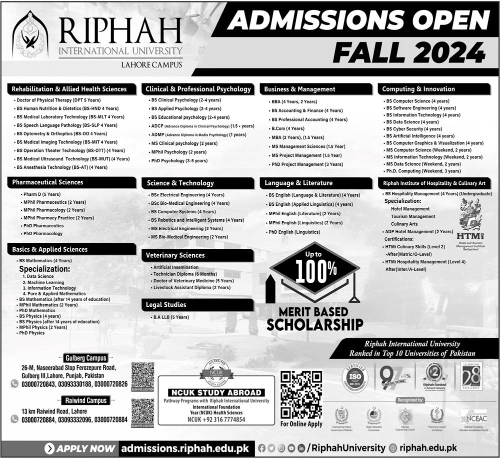 Admission Open in Riphah International University Lahore cam Admissions 2024 — original advertisement