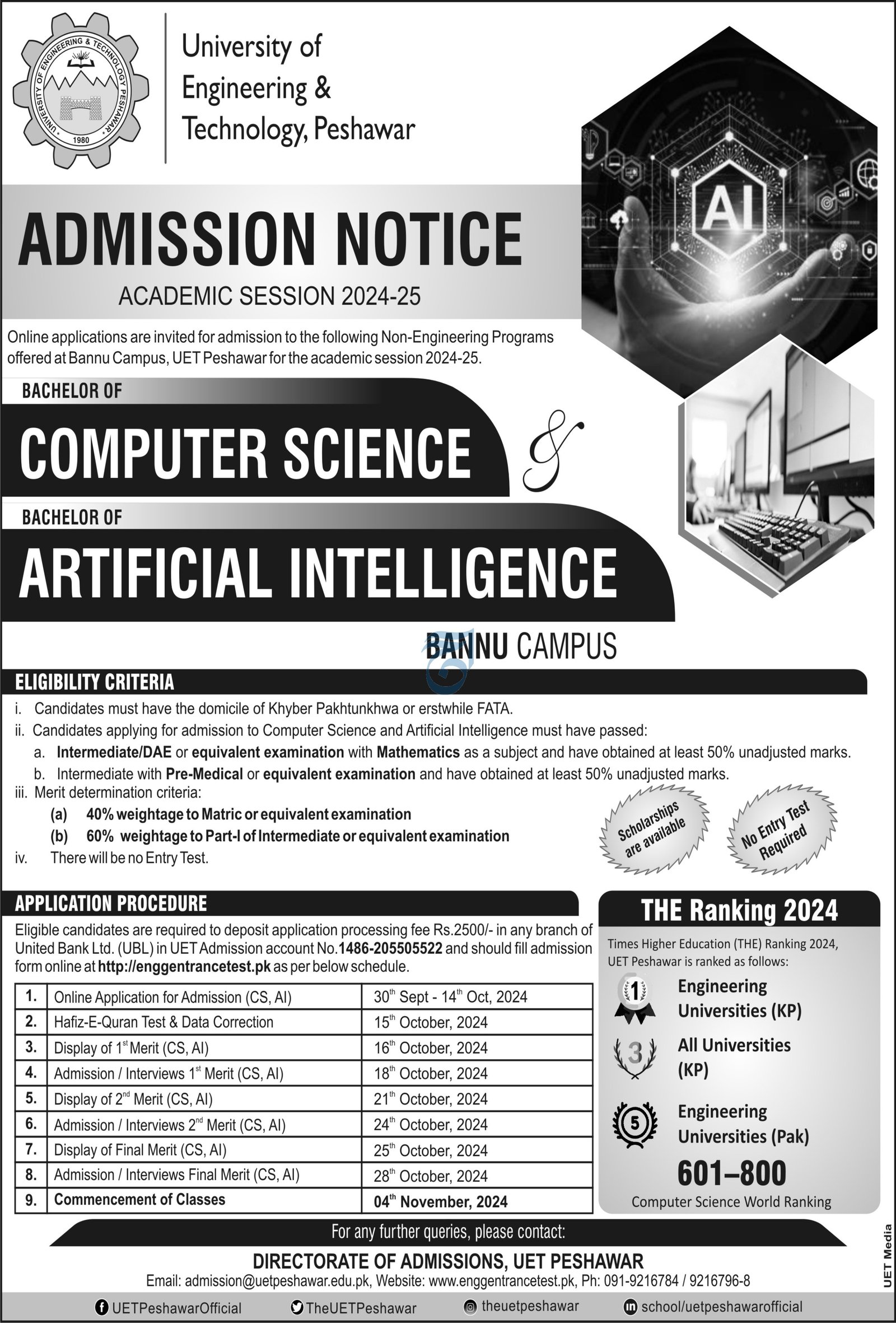 Admission Open in University of Engineering And Technology – University of Engineering and Technology Peshawar Admissions 2024 — original advertisement