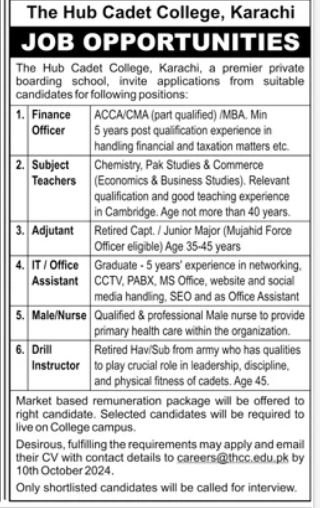 The Hub Cadet College Karachi Jobs 2024 Jobs 2024 — original advertisement