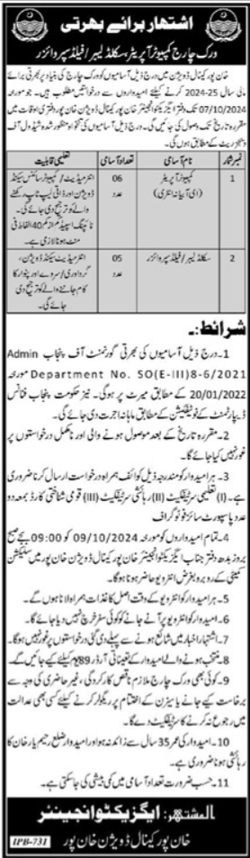 Canal Division Khanpur Punjab Jobs 2024 – Irrigation Department Punjab Jobs 2024 — original advertisement