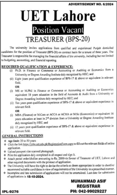 University of Engineering and Technology UET Lahore Job 2024 – University of Engineering  & Technology Lahore Jobs 2024 — original advertisement