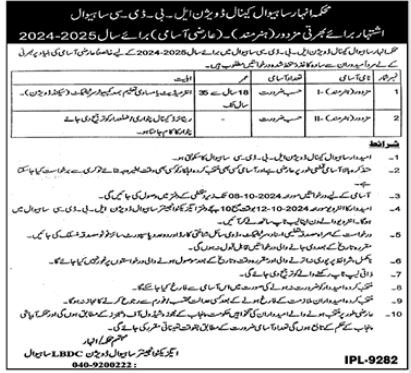 Anhar Department Sahiwal Punjab Jobs 2024 – Irrigation Department Punjab Jobs 2024 — original advertisement