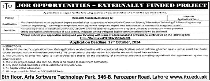 Information Technology University ITU Research Jobs 2024 – Information Technology University of the Punjab Lahore Jobs 2024 — original advertisement