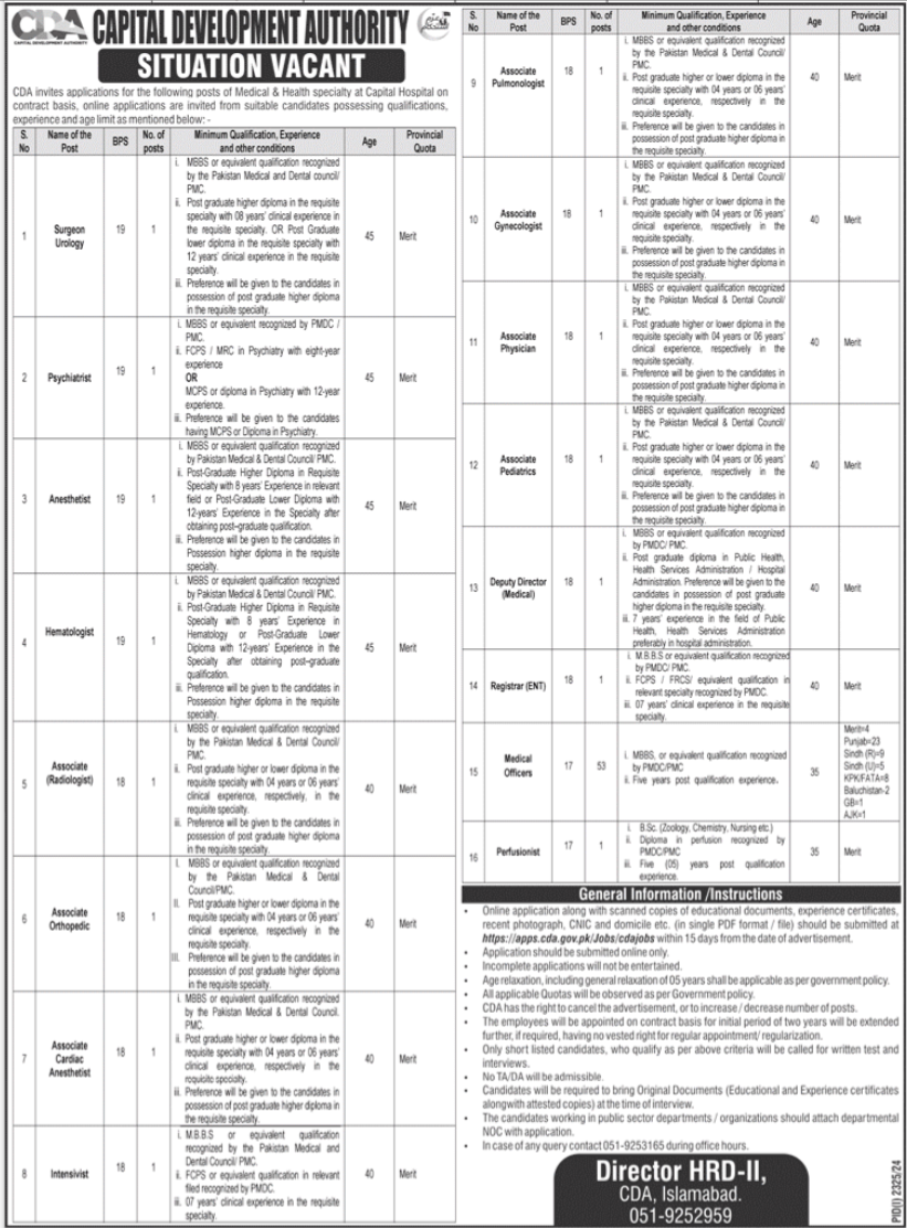 Capital Development Authority CDA Islamabad Jobs 2024 – Capital Development Authority (CDA) Islamabad Jobs 2024 — original advertisement