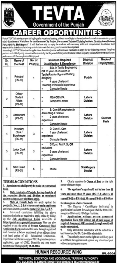 Technical Education & Vocational Training Authority Jobs – Technical Education & Vocational Training Authority TEVTA Punjab Jobs 2024 — original advertisement