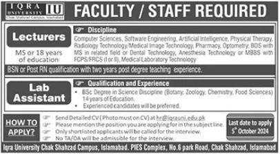 Iqra University Islamabad Islamabad Jobs 2024 – Iqra University Islamabad Campus Jobs 2024 — original advertisement
