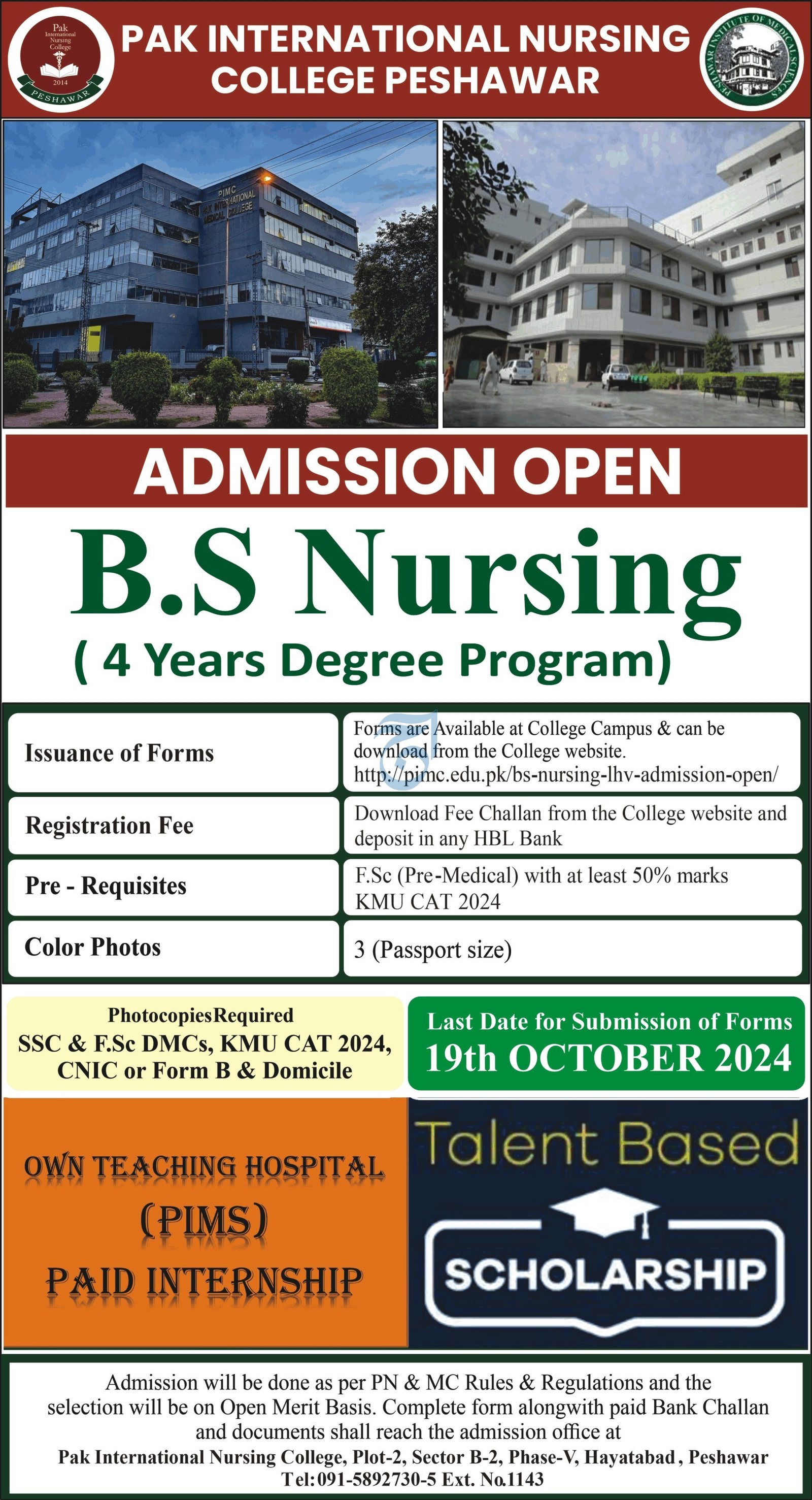 Admission Open in Pak international Nursing College Peshawar – Pak International Medical College Admissions 2024 — original advertisement