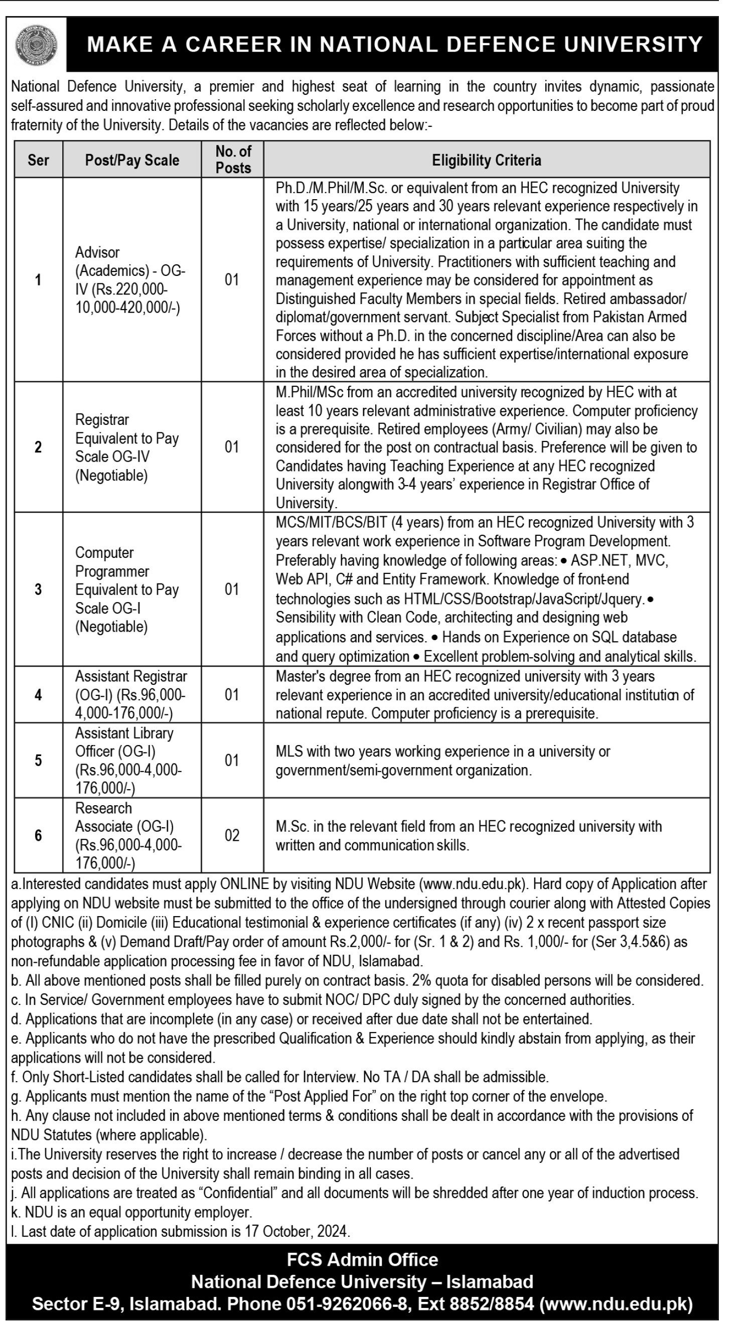 National Defence University NDU Islamabad Jobs 2024 – National Defence University, Pakistan Jobs 2024 — original advertisement