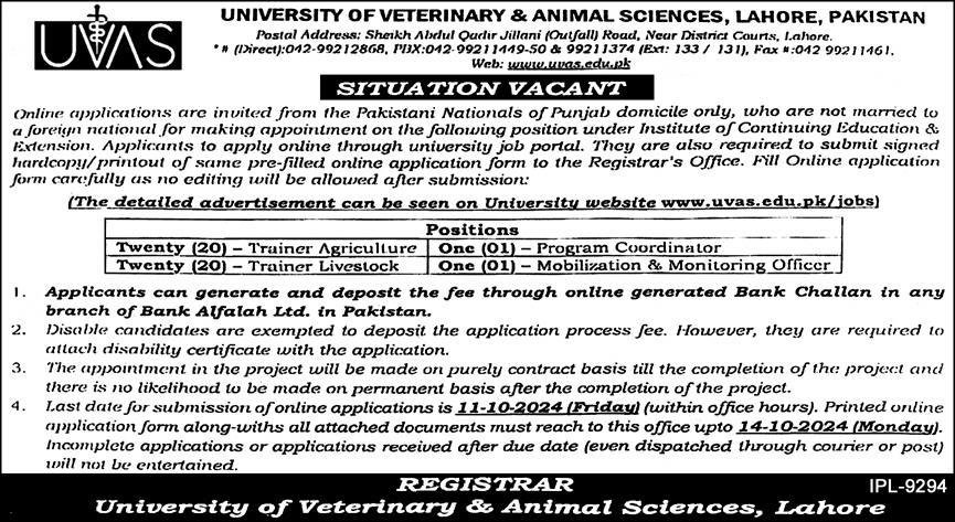 University Of Veterinary And Animal Sciences Jobs 2024 – University of Veterinary and Animal Sciences Lahore Jobs 2024 — original advertisement