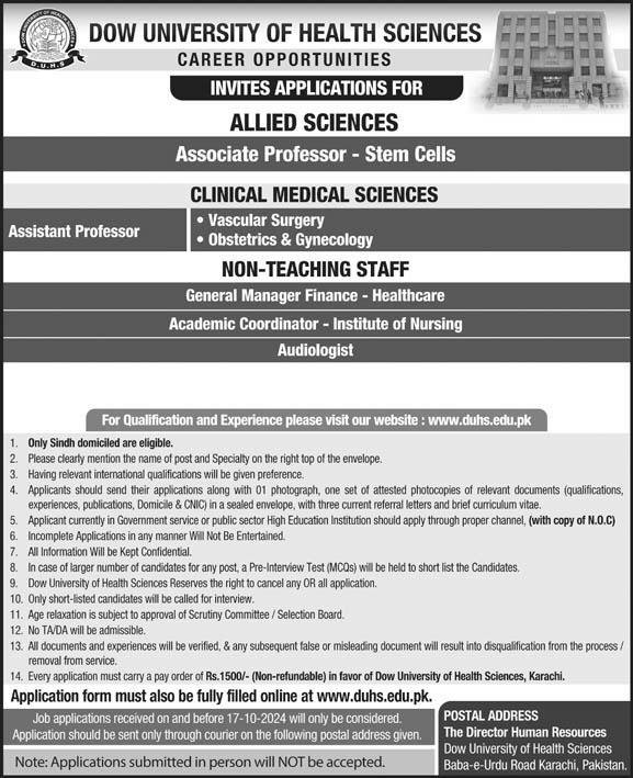 Dow University Of Health Sciences Karachi Jobs 2024 Jobs 2024 — original advertisement