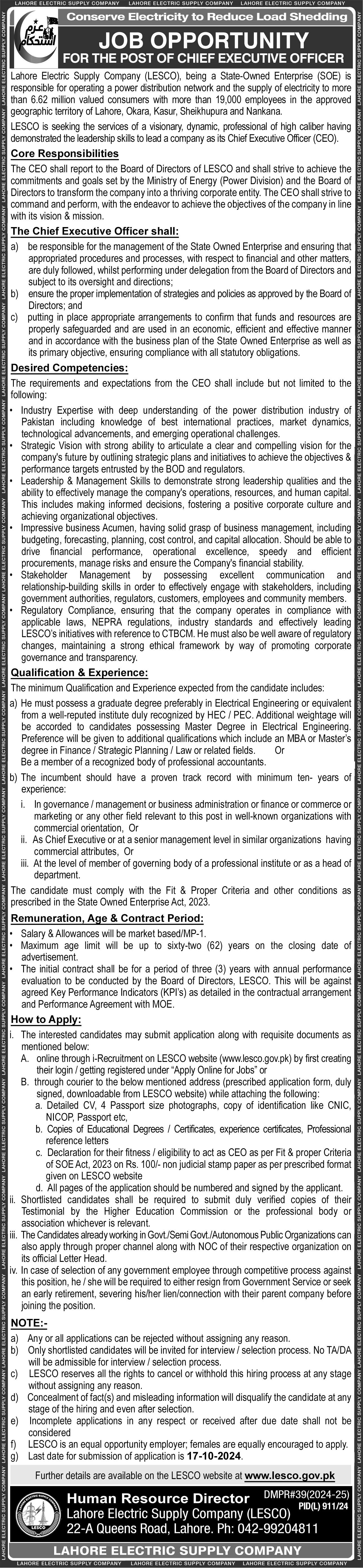 Lahore Electric Supply Company LESCO Lahore Jobs 2024 Jobs 2024 — original advertisement