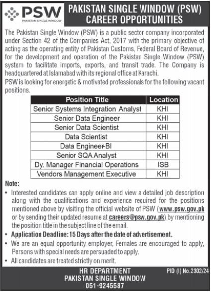 Pakistan Single Window PSW Karachi Jobs 2024 Jobs 2024 — original advertisement