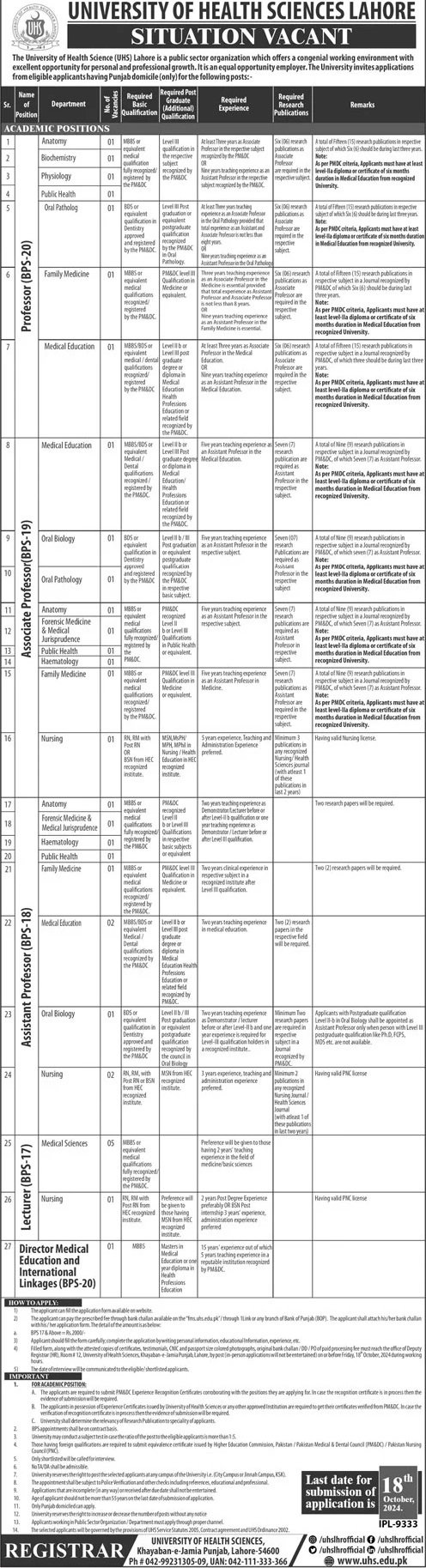 University of Health Sciences Lahore Jobs 2024 Jobs 2024 — original advertisement