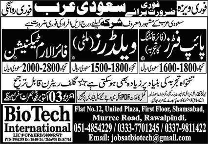 Multi Welder & Fire Alarm Technician Jobs 2024 – Bio Tech International Overseas Promoter Jobs 2024 — original advertisement