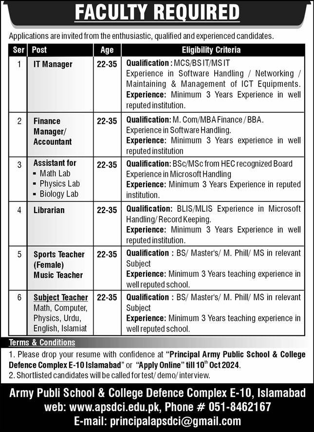Army Public School & College APS&C Islamabad Jobs 2024 – Army Public School & College Paksitan Jobs 2024 — original advertisement