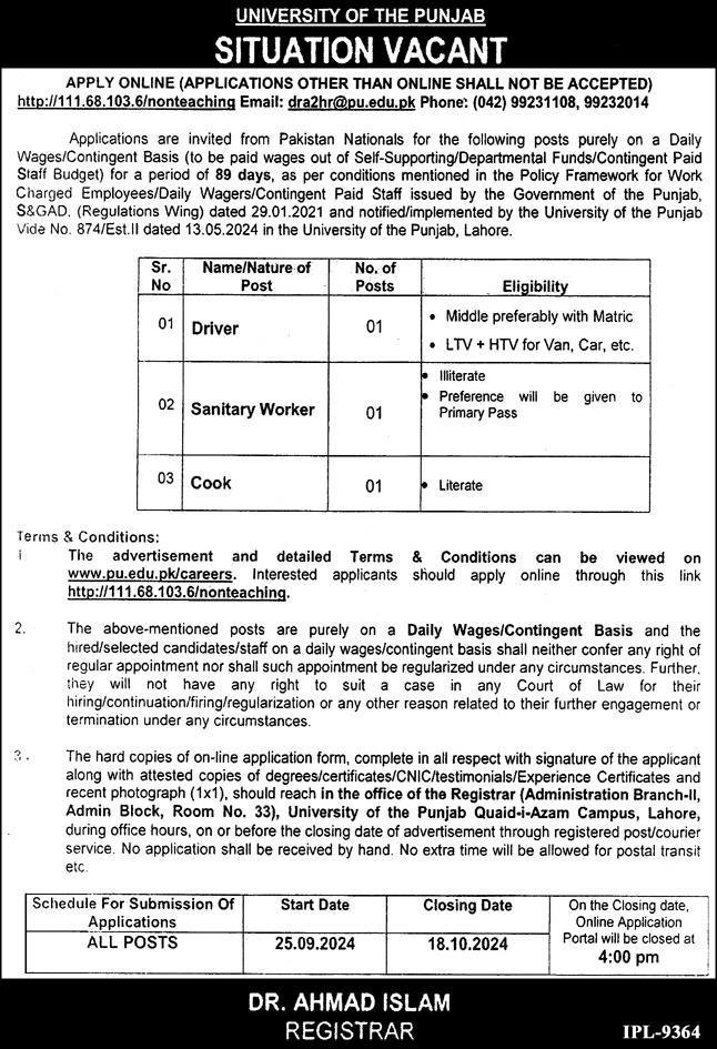 University Of The Punjab Jobs 2024 – University of Punjab Jobs 2024 — original advertisement