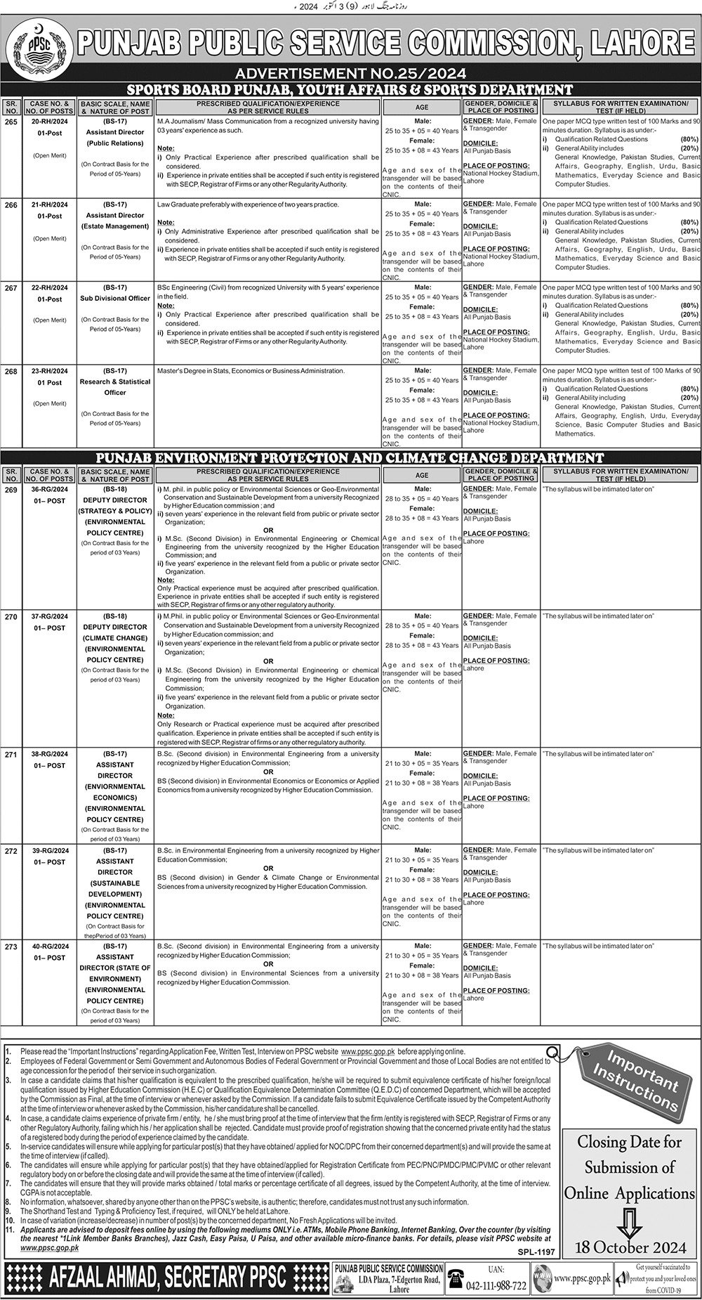 Punjab Public Service Commission PPSC Jobs 25/2024 – Punjab Public Service Commission Lahore Jobs 2024 — original advertisement