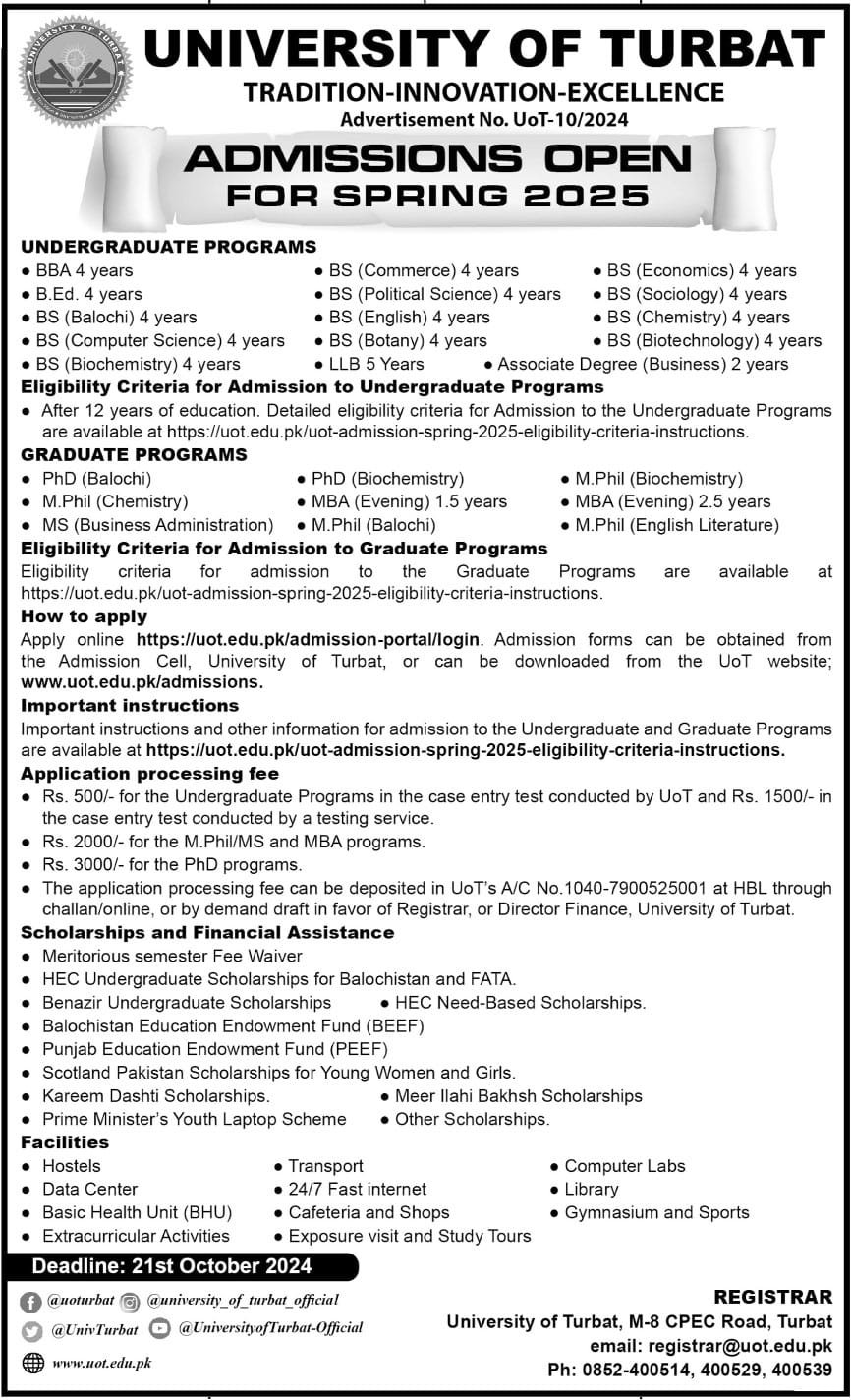 Admissions Open in University of Turbat Balochistan 2024 Admissions 2024 — original advertisement