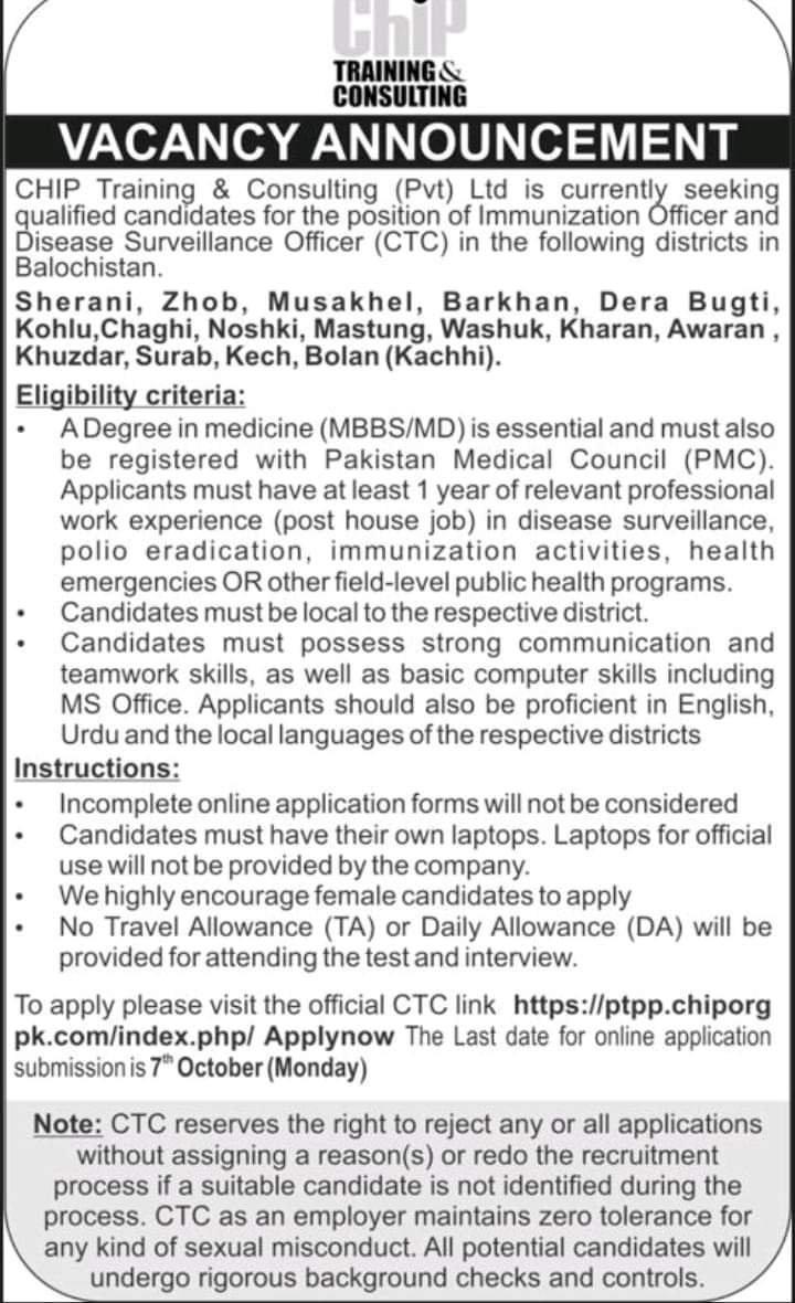 Chip Training & Consulting Medical Jobs 2024 – Chip Training Consulting Pvt Ltd Jobs 2024 — original advertisement