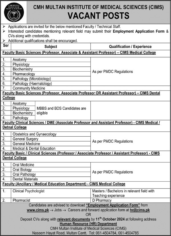 CMH Multan Institute of Medical Sciences CIMS Multan Jobs – Combined Military Hospital CMH Jobs 2024 — original advertisement