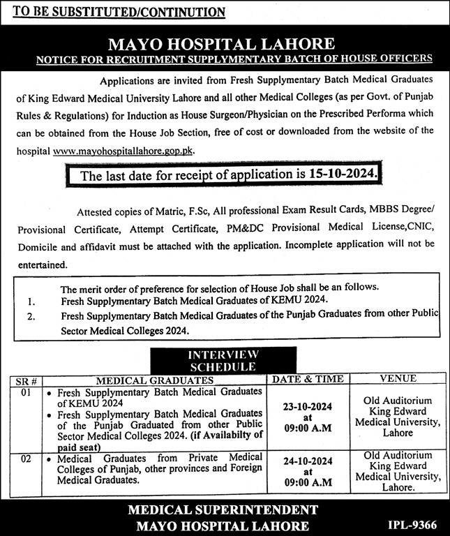 Mayo Hospital Lahore Punjab Jobs 2024 Jobs 2024 — original advertisement