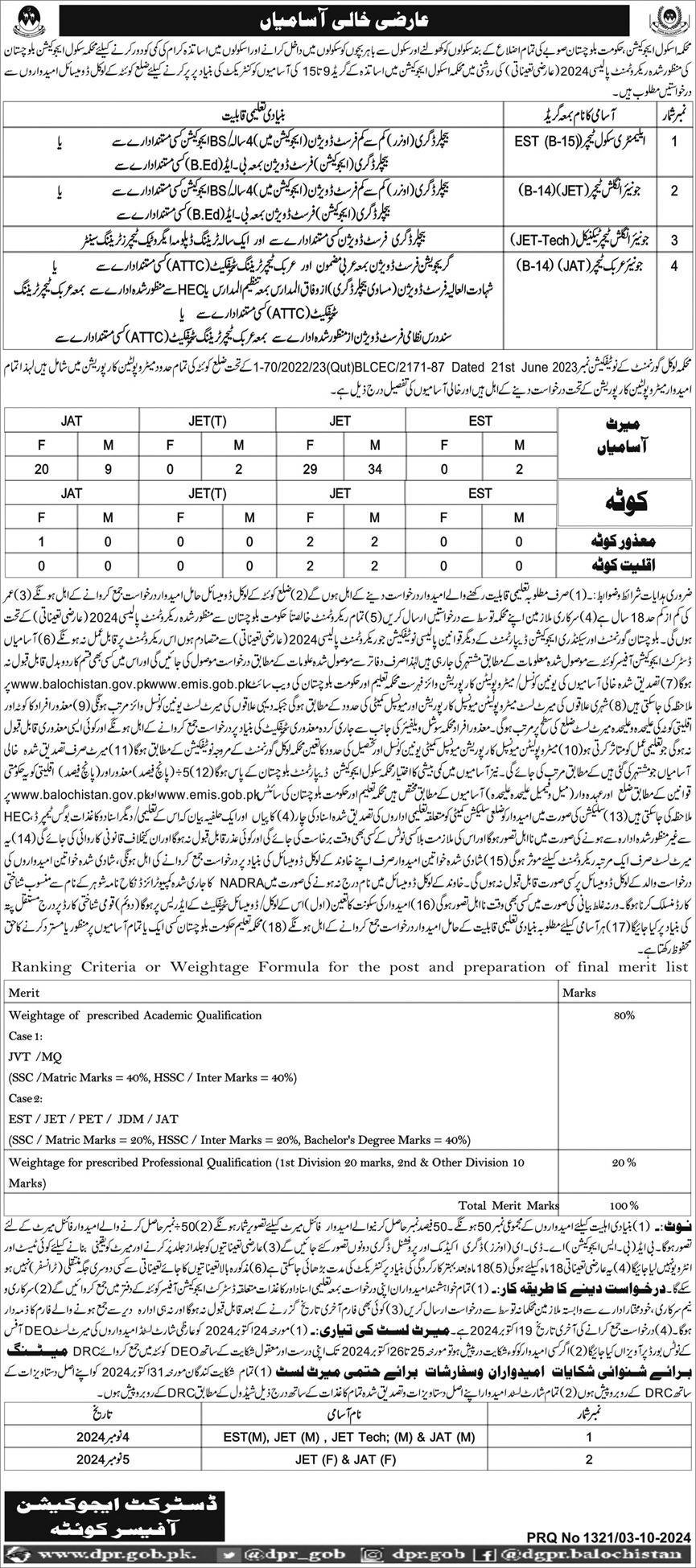 Directorate Of Education Schools QuettaBalochistan Jobs 2024 – Education Department Balochsitan Jobs 2024 — original advertisement