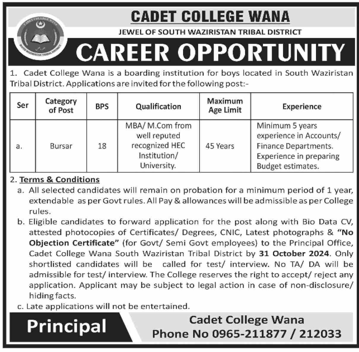 Cadet College Wana Peshawar Jobs 2024 Jobs 2024 — original advertisement