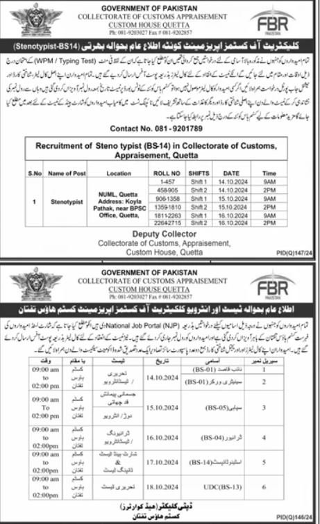 Collectorate of Customs Quetta Jobs 2024 – Collectorate Of Customs Gwadar Jobs 2024 — original advertisement