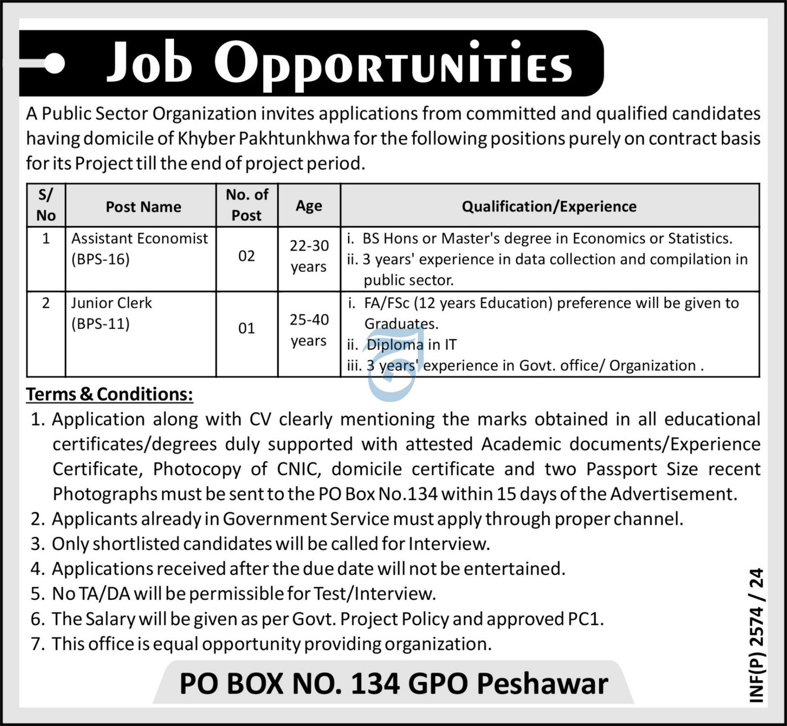 Public Sector Organization Peshawar Jobs 2024 Jobs 2024 — original advertisement