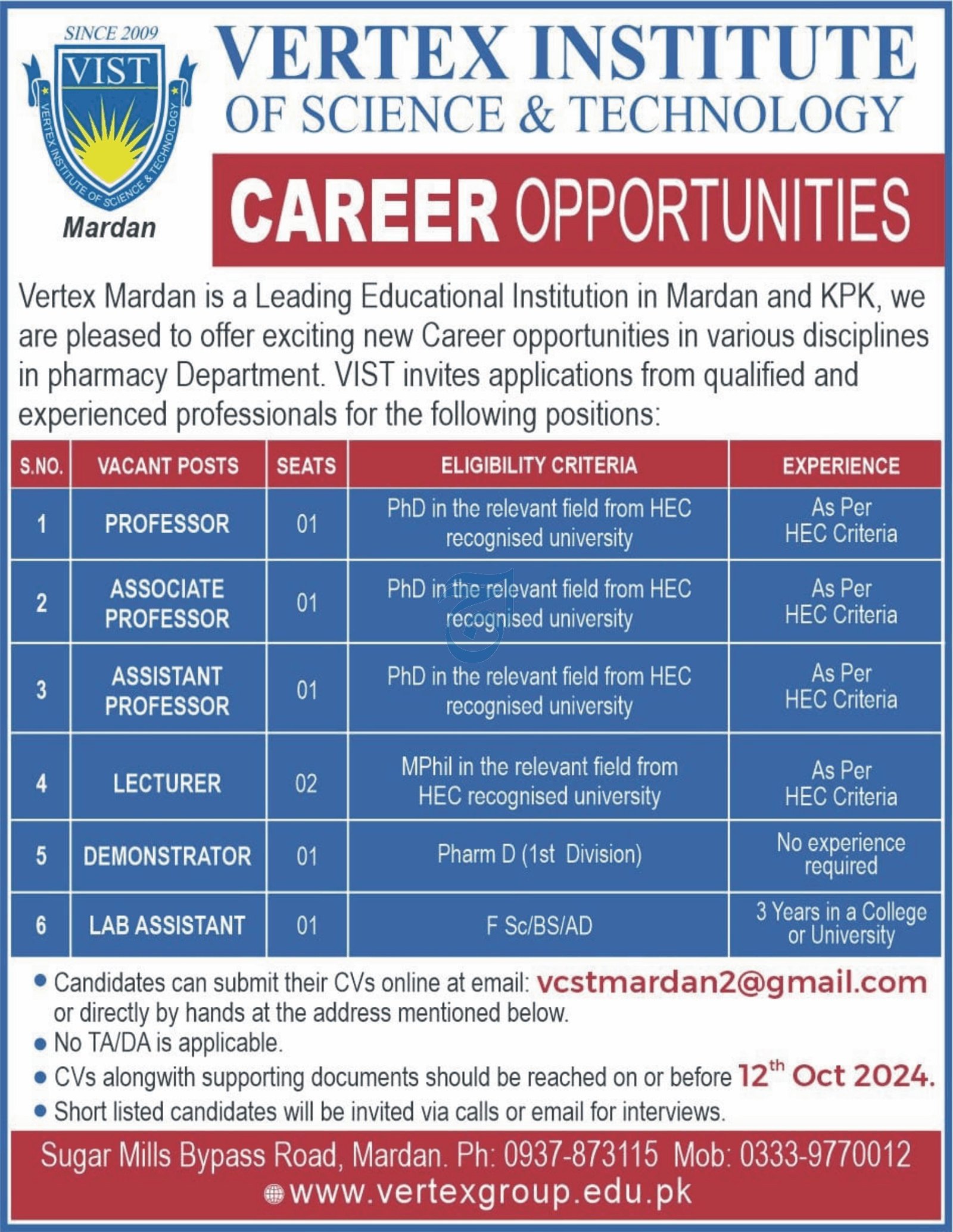 Vertex Institute of Science And Technology Jobs 2024 – Vertex Institute Of Science & Technology Jobs 2024 — original advertisement