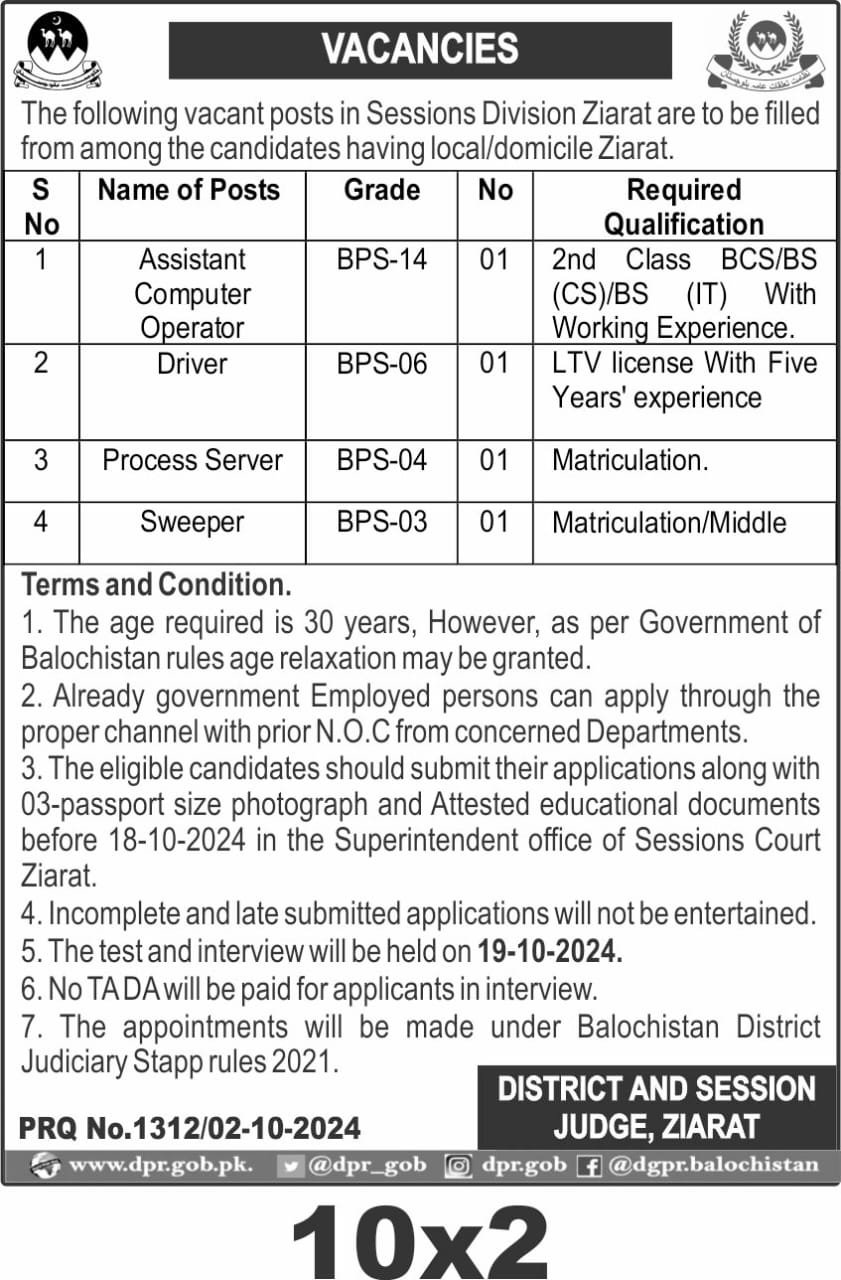 District and Session Judge Ziarat Jobs 2024 – District & Session Judge Jobs 2024 — original advertisement