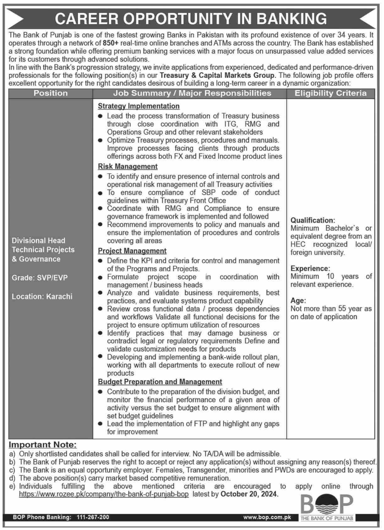 Bank of Punjab Jobs 2024 Jobs 2024 — original advertisement