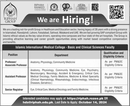 Riphah Group Lahore Punjab Jobs 2024 – Riphah International University Jobs 2024 — original advertisement