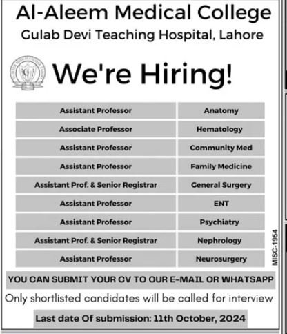 Al Aleem Medical College Lahore Jobs 2024 Jobs 2024 — original advertisement