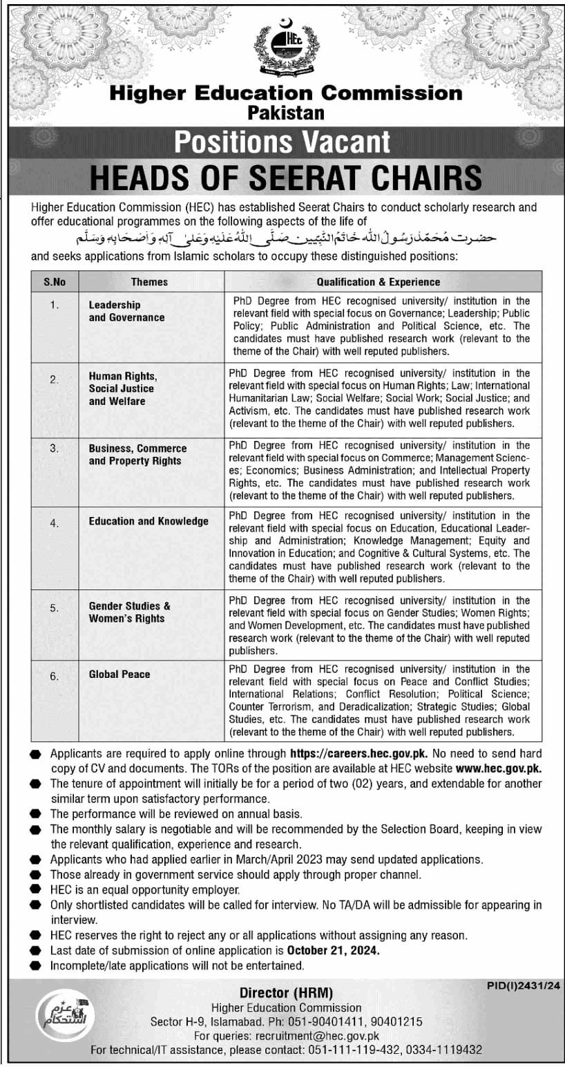 Higher Education Commission HEC Islamabad Jobs 2024 – Higher Education Commission Islamabad Jobs 2024 — original advertisement